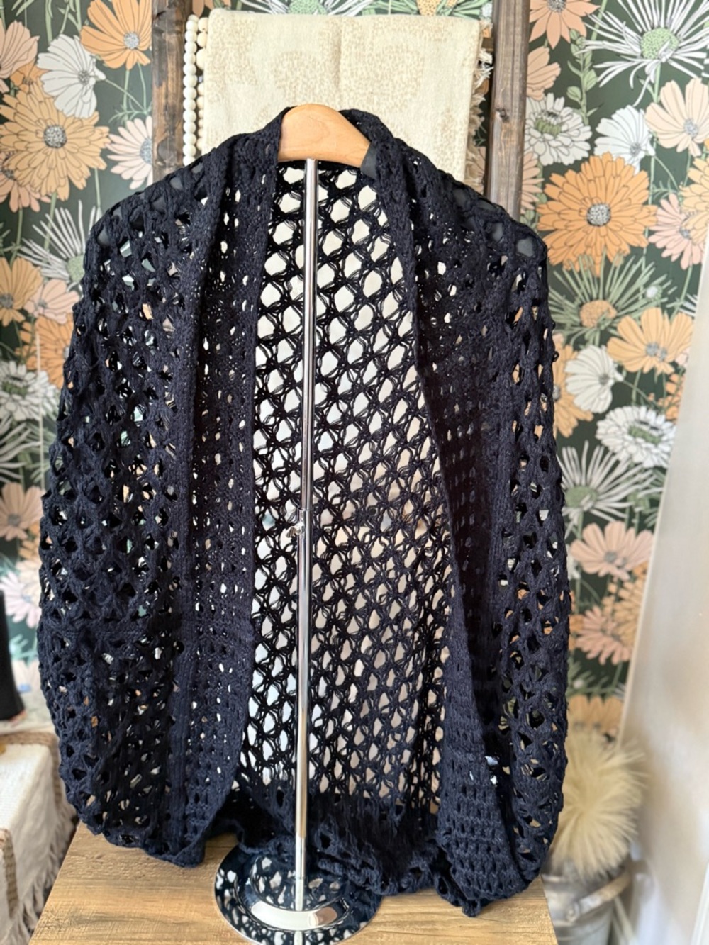 Open Crochet Black Knit Cardigan